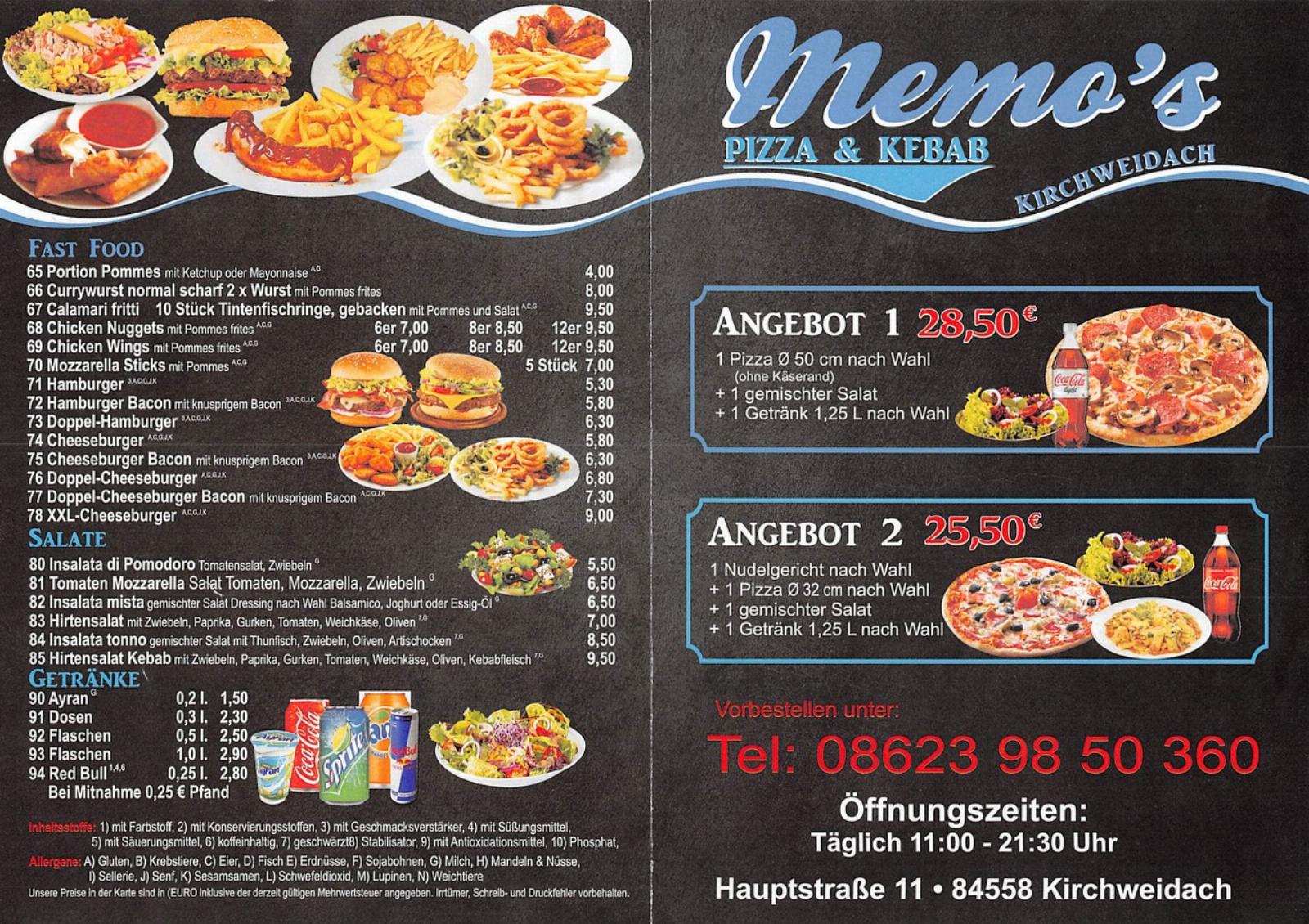 Speisekarte von Memos Pizza & Kebap Seite 1