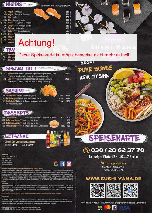 Speisekarte von Sushi Yana Seite 01